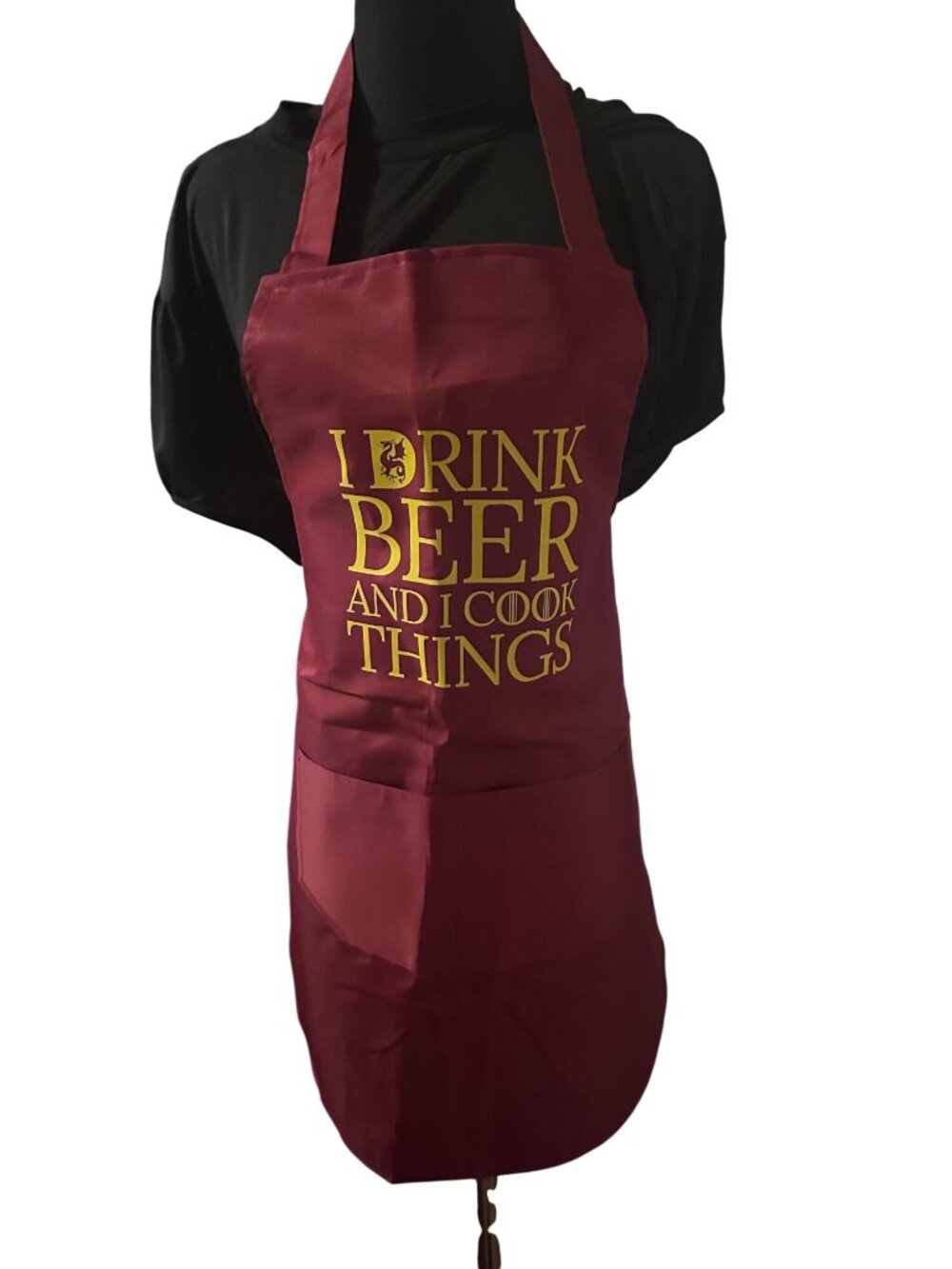 I drink beer and I cook things burgundy and yellow apron